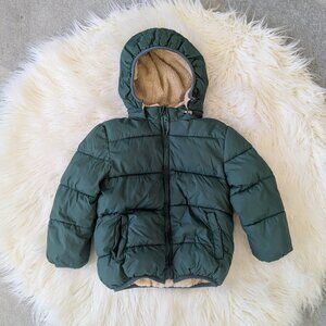 Dark forest green kids puffer jacket with removable zipper hood